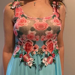Chiffon lined floral dress with custom appliqués
